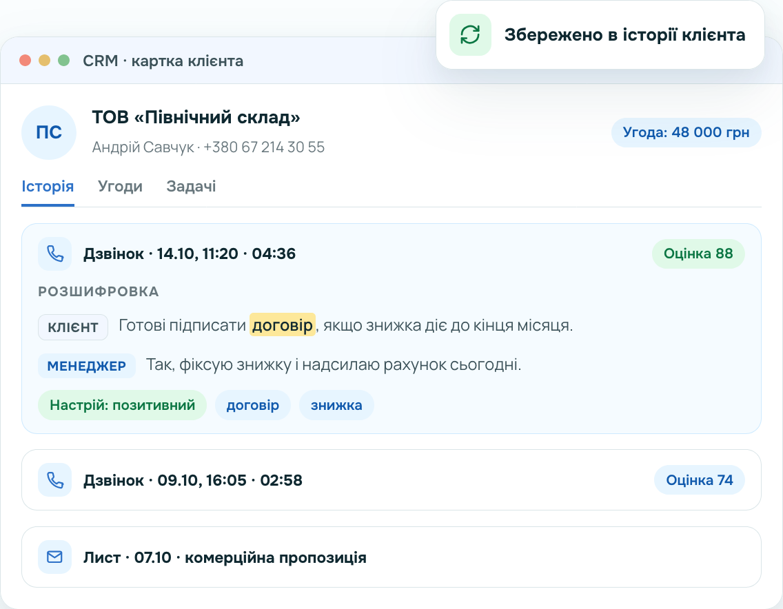 Результаты анализа прямо в карточке клиента